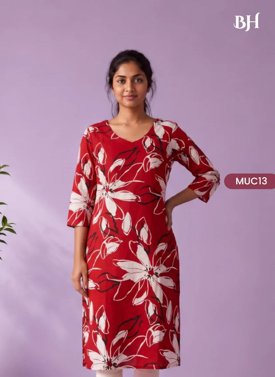 Crimson Red & White Floral Printed Mul Cotton Top with Full-Length Cotton Lining | Women's Casual Wear