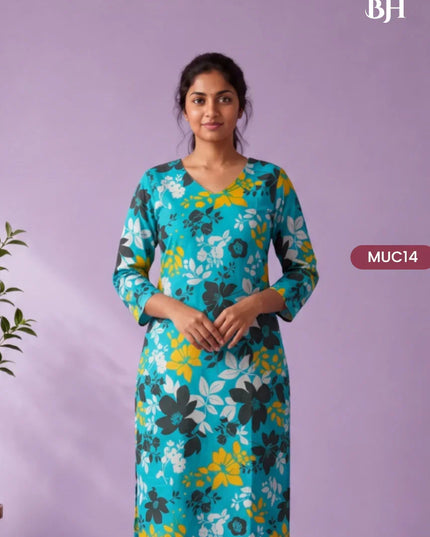 Turquoise Blue, Black & Mustard Yellow Floral Printed Mul Cotton Top with Full-Length Cotton Lining | Women's Casual Wear