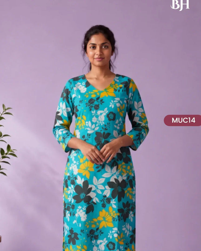 Turquoise Blue, Black & Mustard Yellow Floral Printed Mul Cotton Top with Full-Length Cotton Lining | Women's Casual Wear