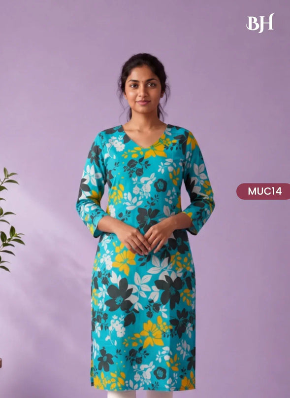 Turquoise Blue, Black & Mustard Yellow Floral Printed Mul Cotton Top with Full-Length Cotton Lining | Women's Casual Wear