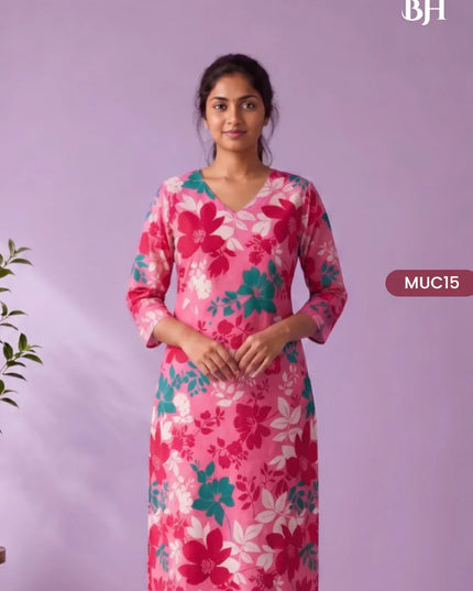 Pink, Crimson Red & Teal Green Floral Printed Mul Cotton Top with Full-Length Cotton Lining | Women's Casual Wear