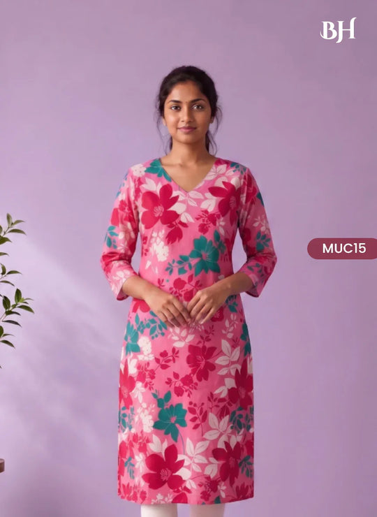 Pink, Crimson Red & Teal Green Floral Printed Mul Cotton Top with Full-Length Cotton Lining | Women's Casual Wear