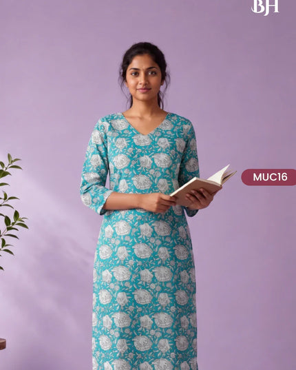 Aqua Blue & White Floral Printed Mul Cotton Top with Full-Length Cotton Lining | Women's Casual Wear