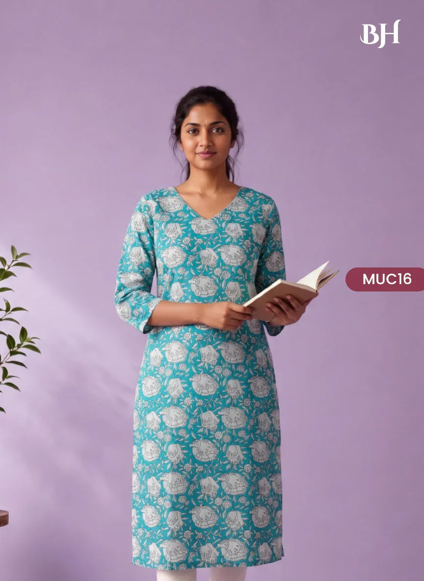 Aqua Blue & White Floral Printed Mul Cotton Top with Full-Length Cotton Lining | Women's Casual Wear