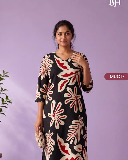 Black, Beige & Crimson Red Abstract Leaf Printed Mul Cotton Top with Full-Length Cotton Lining | Women's Casual Wear