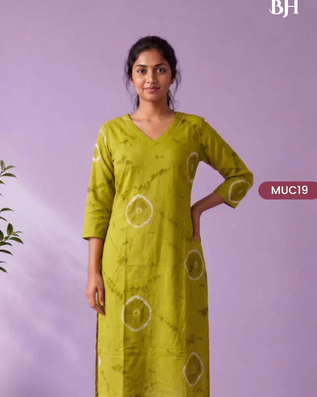 Olive Green & White Tie-Dye Printed Mul Cotton Top with Full-Length Cotton Lining | Women's Casual Wear
