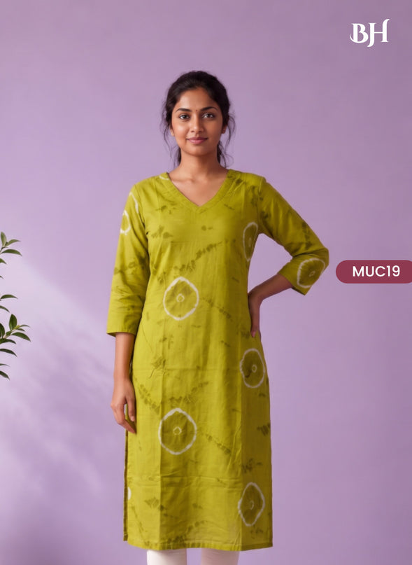 Olive Green & White Tie-Dye Printed Mul Cotton Top with Full-Length Cotton Lining | Women's Casual Wear