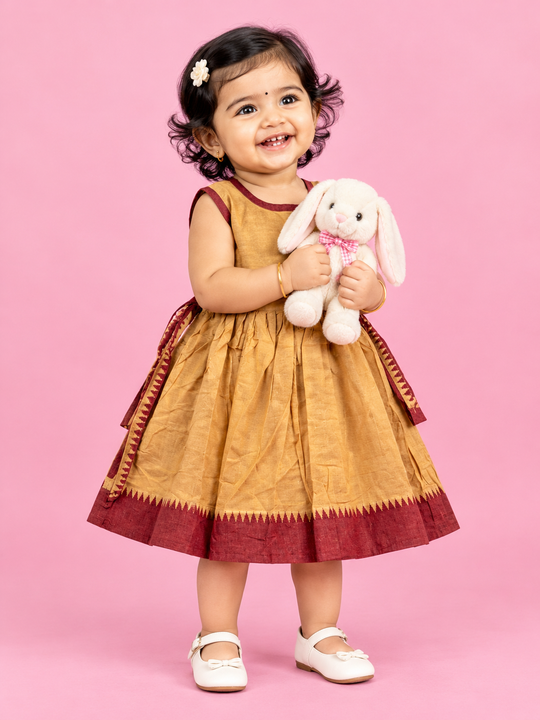 Mustard & Maroon Temple Border Baby Frock for Girls – 1 to 3 Years – photo 1