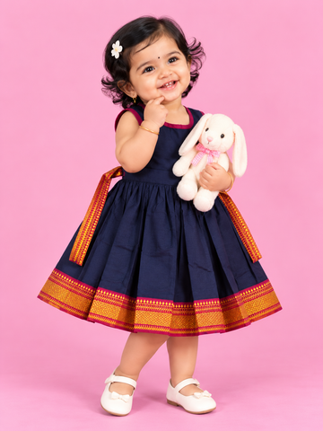 Navy & Orange Border Baby Frock for Girls – 1 to 3 Years – photo 1