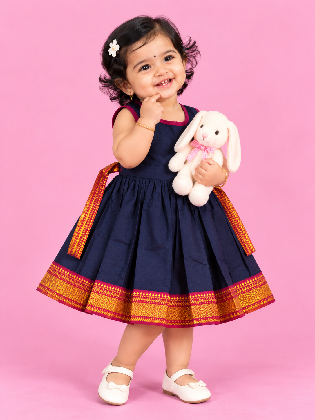 Navy & Orange Border Baby Frock for Girls – 1 to 3 Years – photo 1