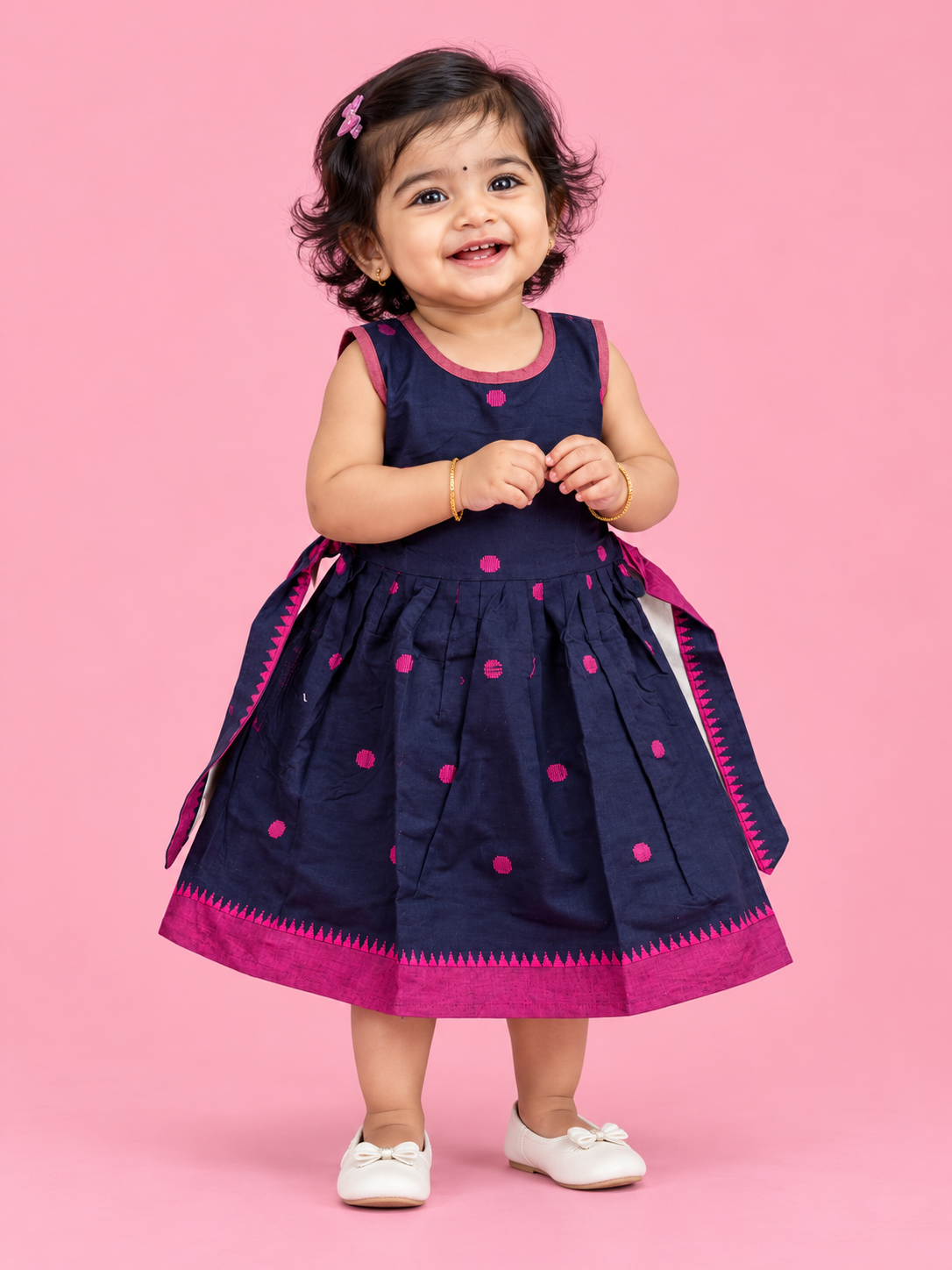 Navy & Pink Polka Dot Baby Frock for Girls – 1 to 3 Years – photo 1
