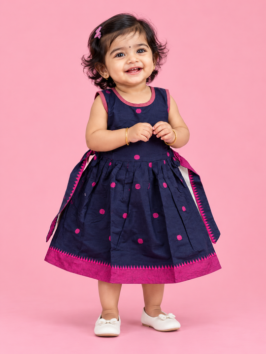 Navy & Pink Polka Dot Baby Frock for Girls – 1 to 3 Years – photo 1