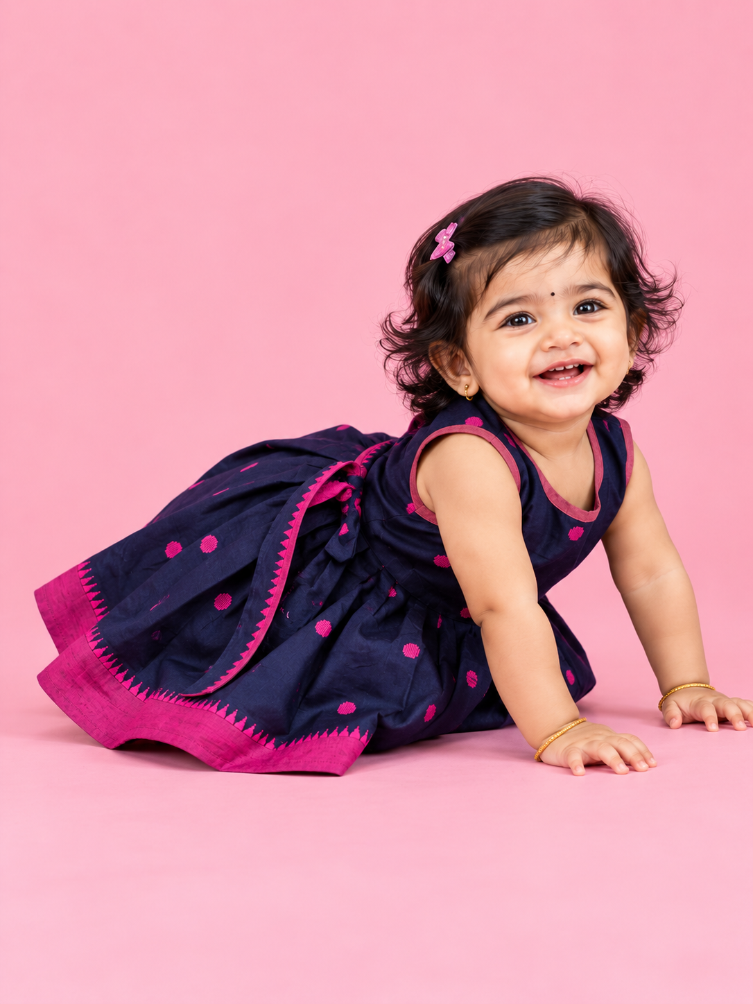 Navy & Pink Polka Dot Baby Frock for Girls – 1 to 3 Years – photo 2