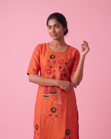 Coral Orange Cotton Top | Scoop Neck | Half Sleeves | Without Lining