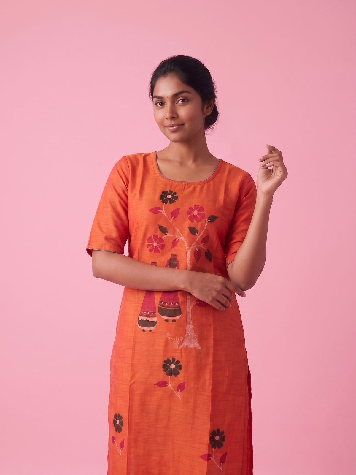 Coral Orange Cotton Top | Scoop Neck | Half Sleeves | Without Lining