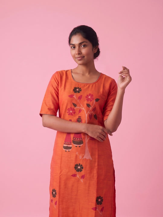 Coral Orange Cotton Top | Scoop Neck | Half Sleeves | Without Lining