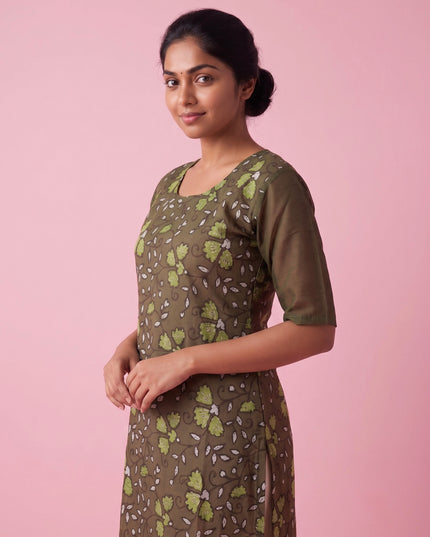 Olive Green Cotton Top | Scoop Neck | Half Sleeves | Without Lining