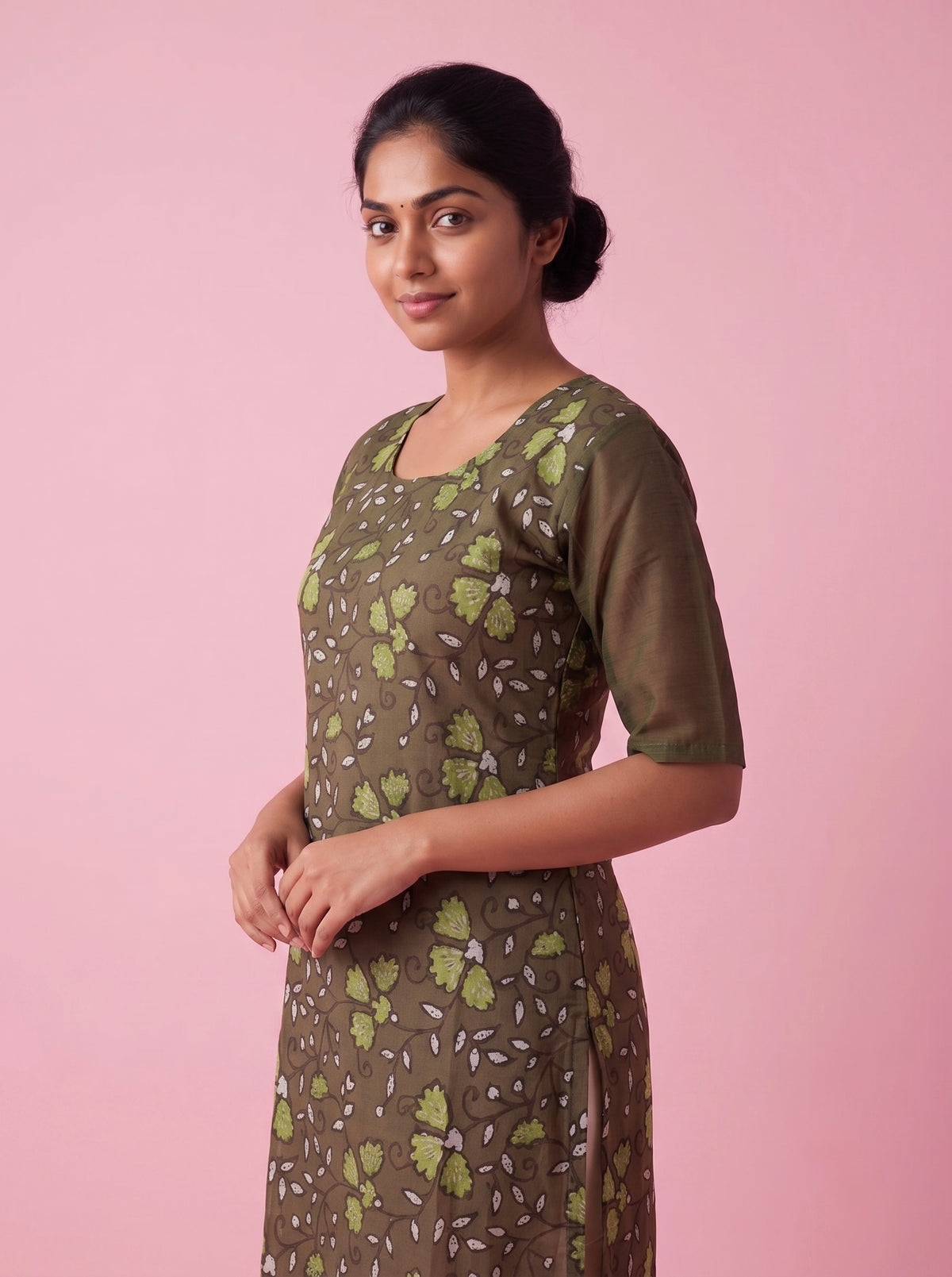 Olive Green Cotton Top | Scoop Neck | Half Sleeves | Without Lining
