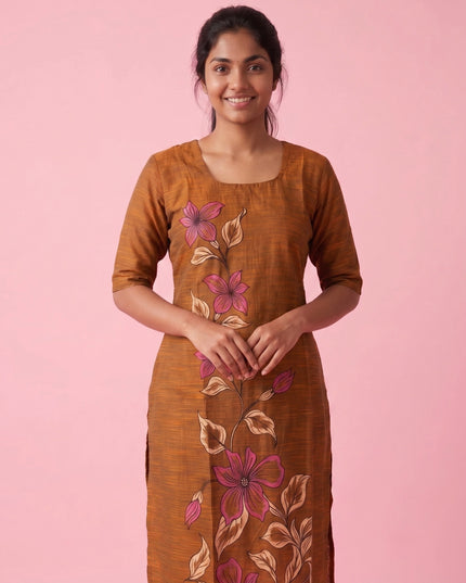 Coffee Brown Cotton Top | Scoop Neck | Half Sleeves | Without Lining