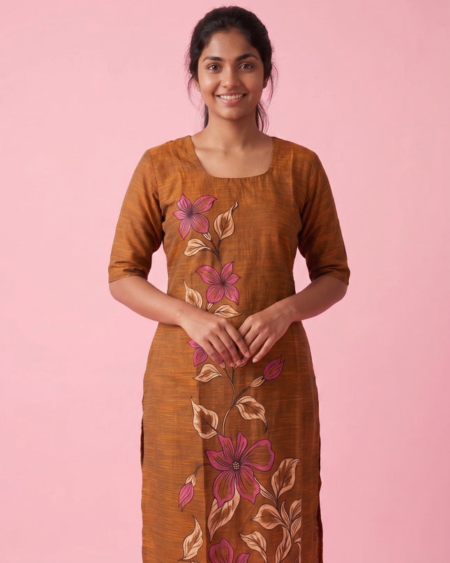 Coffee Brown Cotton Top | Scoop Neck | Half Sleeves | Without Lining