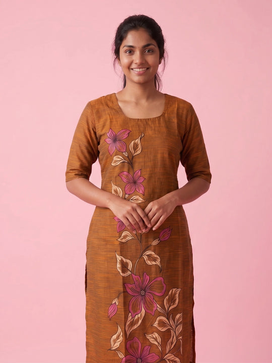 Coffee Brown Cotton Top | Scoop Neck | Half Sleeves | Without Lining