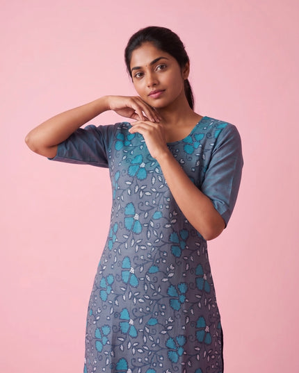 Slate Blue Cotton Top | Scoop Neck | Half Sleeves | Without Lining