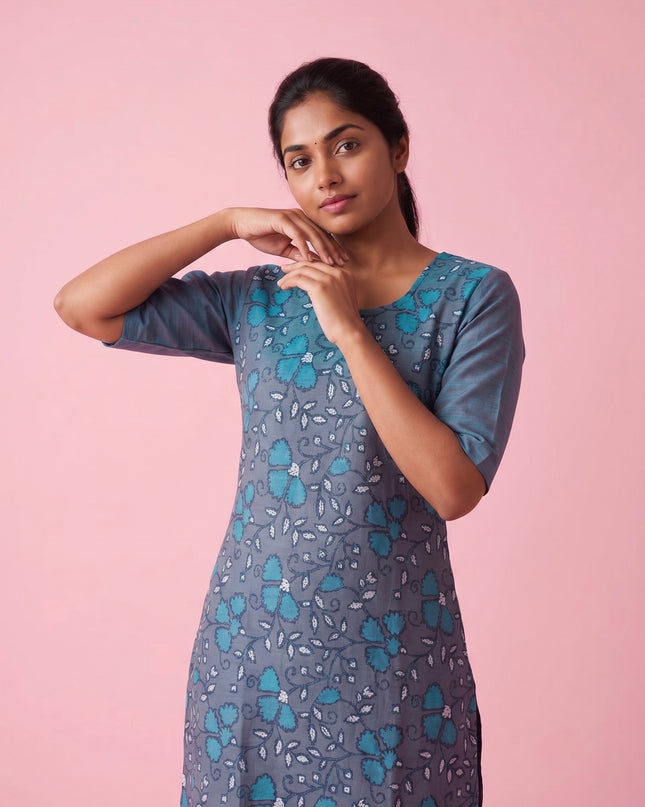 Slate Blue Cotton Top | Scoop Neck | Half Sleeves | Without Lining
