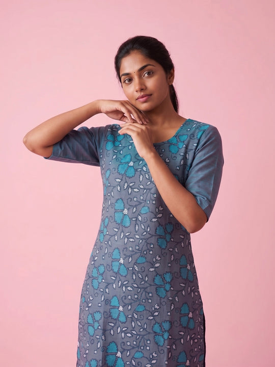 Slate Blue Cotton Top | Scoop Neck | Half Sleeves | Without Lining