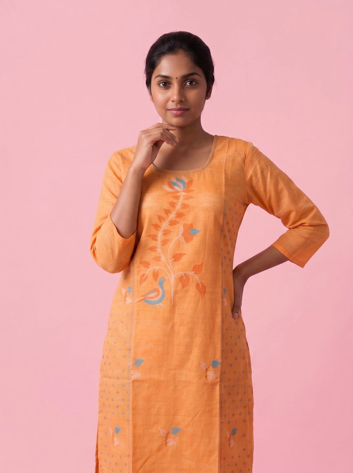 Peach Orange Cotton Top | Scoop Neck | Half Sleeves | Without Lining