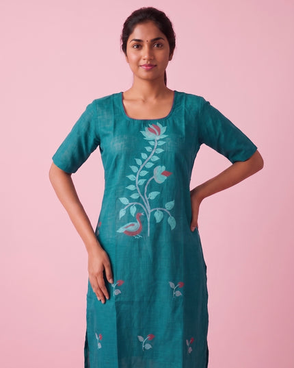 Teal Blue Cotton Top | Scoop Neck | Half Sleeves | Without Lining
