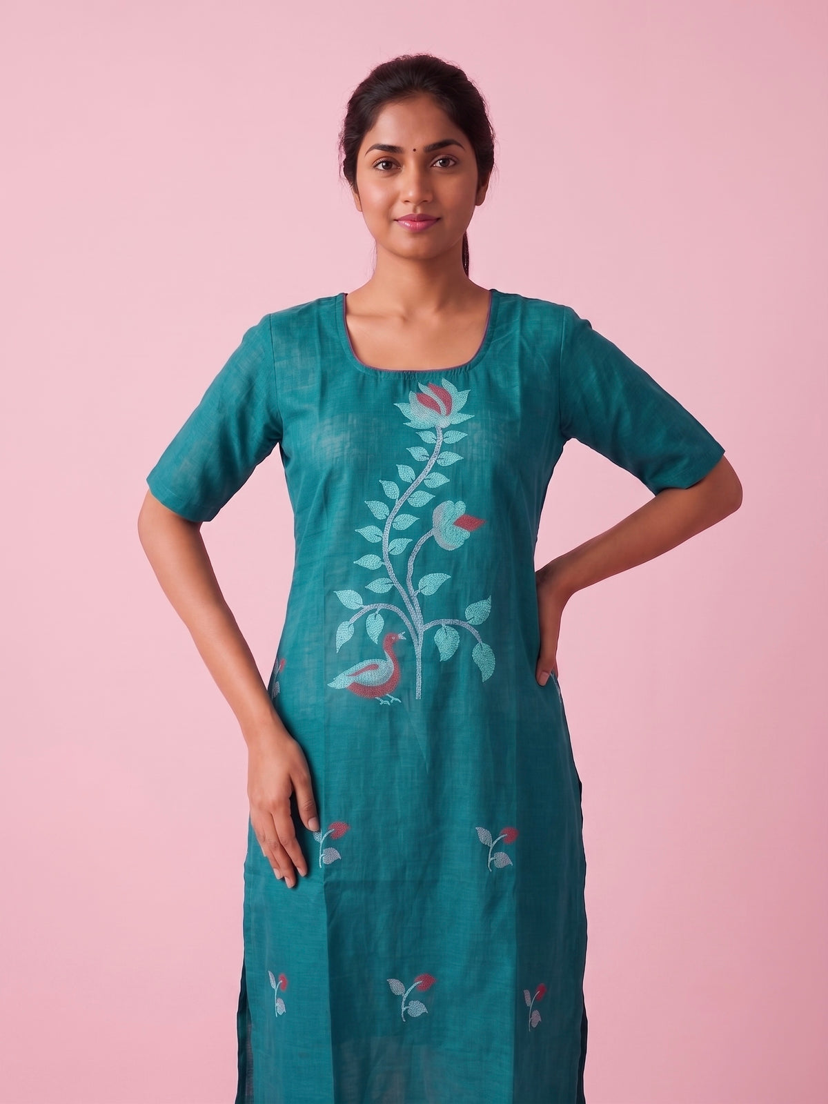 Teal Blue Cotton Top | Scoop Neck | Half Sleeves | Without Lining