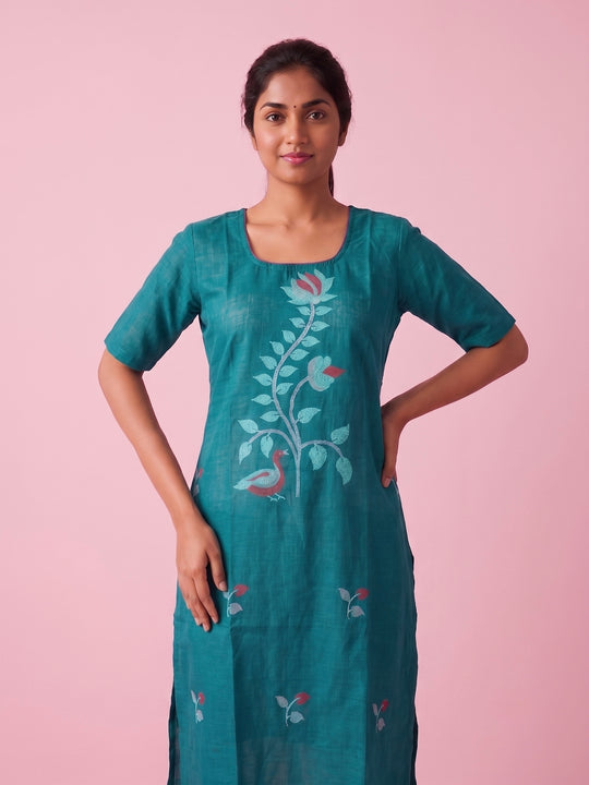 Teal Blue Cotton Top | Scoop Neck | Half Sleeves | Without Lining