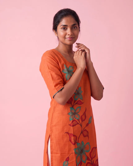 Orange Cotton Top | Scoop Neck | Half Sleeves | Without Lining