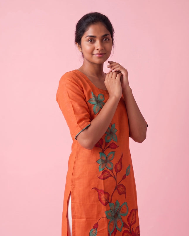 Orange Cotton Top | Scoop Neck | Half Sleeves | Without Lining