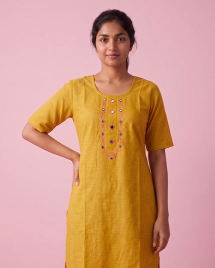 Mustard Yellow Cotton Top | Scoop Neck | Half Sleeves | Without Lining