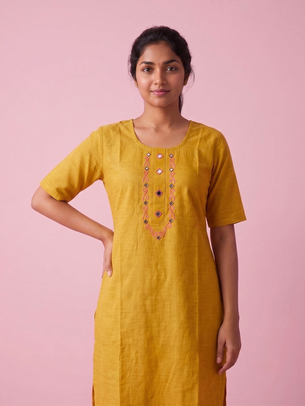 Mustard Yellow Cotton Top | Scoop Neck | Half Sleeves | Without Lining