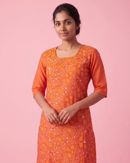 Orange Cotton Top | Scoop Neck | Half Sleeves | Without Lining
