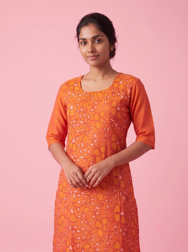 Orange Cotton Top | Scoop Neck | Half Sleeves | Without Lining