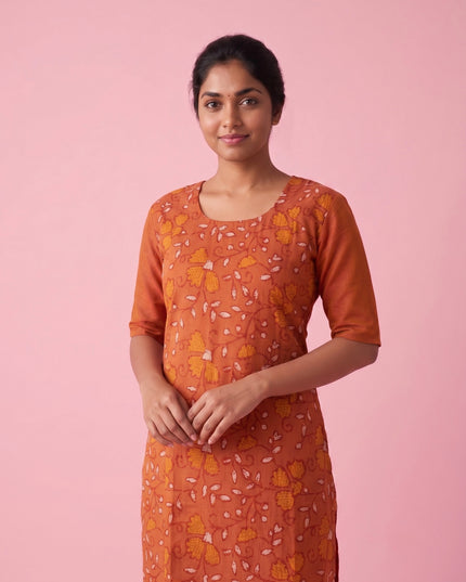Rust Orange Cotton Top | Scoop Neck | Half Sleeves | Without Lining