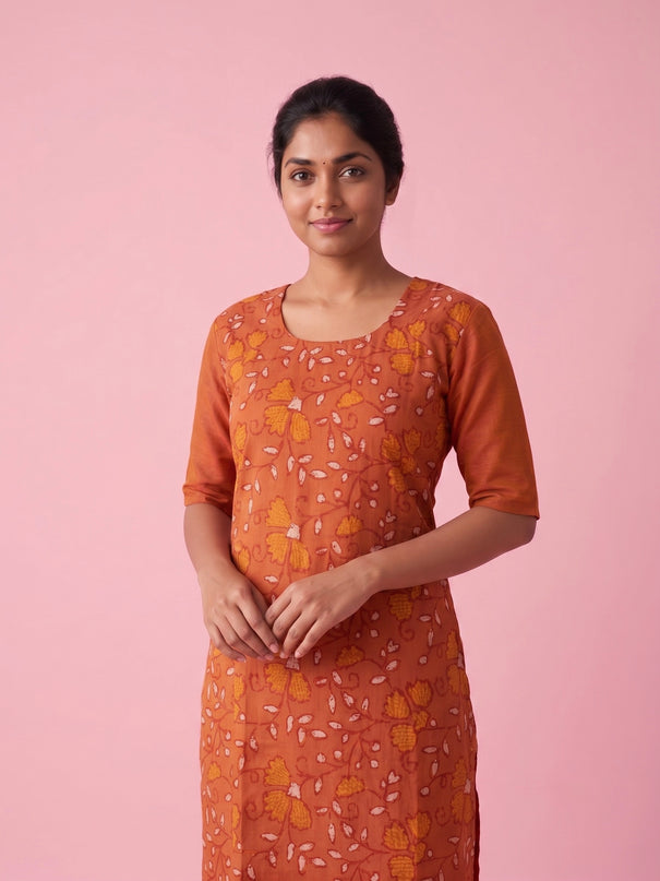 Rust Orange Cotton Top | Scoop Neck | Half Sleeves | Without Lining