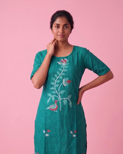 Teal Green Cotton Top | Scoop Neck | Half Sleeves | Without Lining