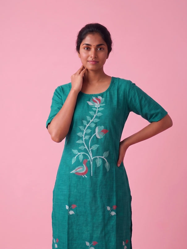 Teal Green Cotton Top | Scoop Neck | Half Sleeves | Without Lining