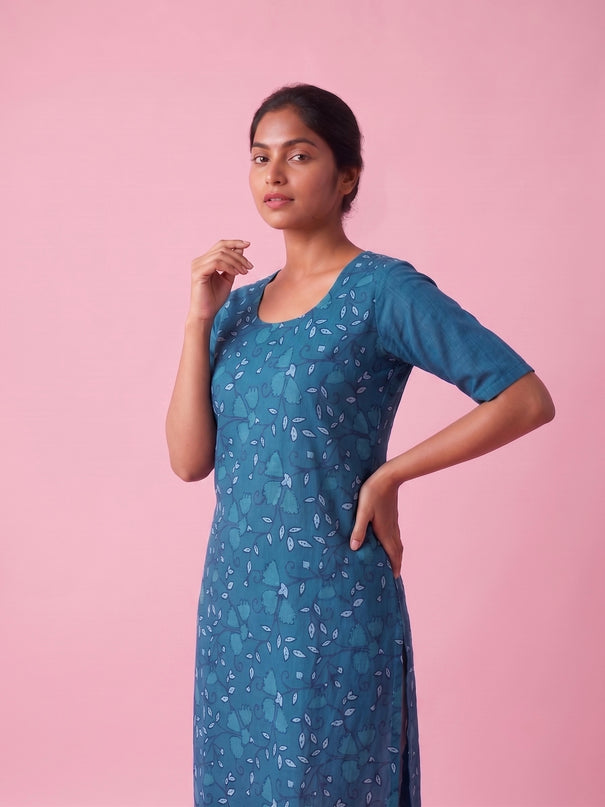 Blue Cotton Top | Scoop Neck | Half Sleeves | Without Lining