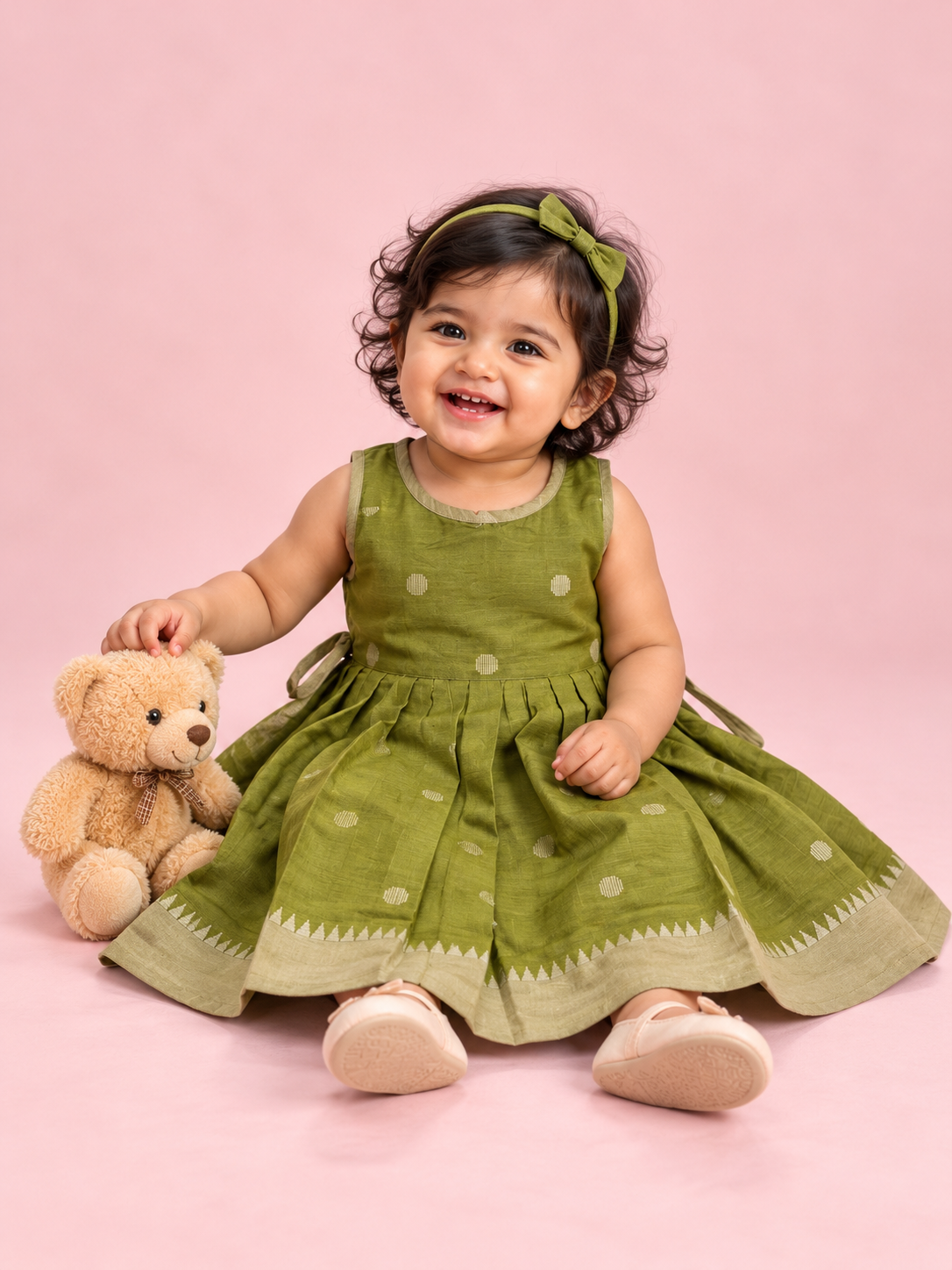 Olive Green Polka Dot Baby Frock for Girls – 1 to 3 Years – photo 1