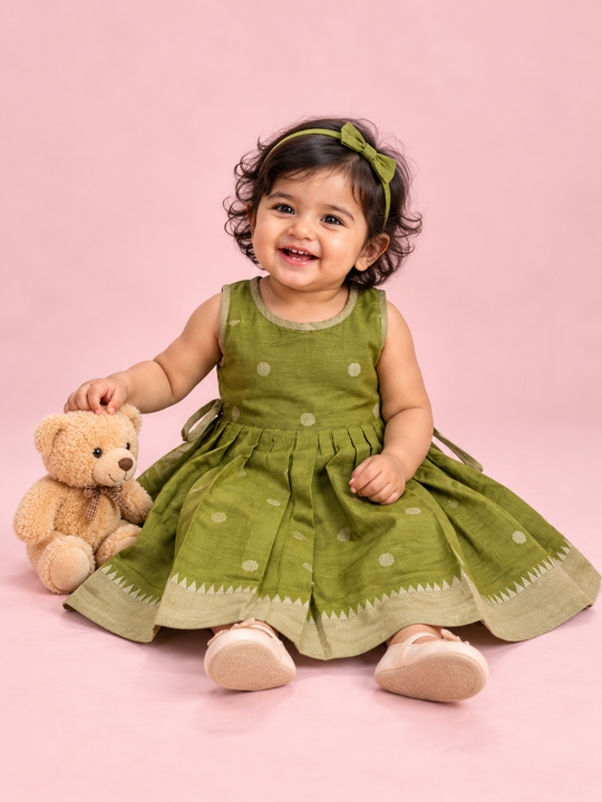 Olive Green Polka Dot Baby Frock for Girls – 1 to 3 Years – photo 1