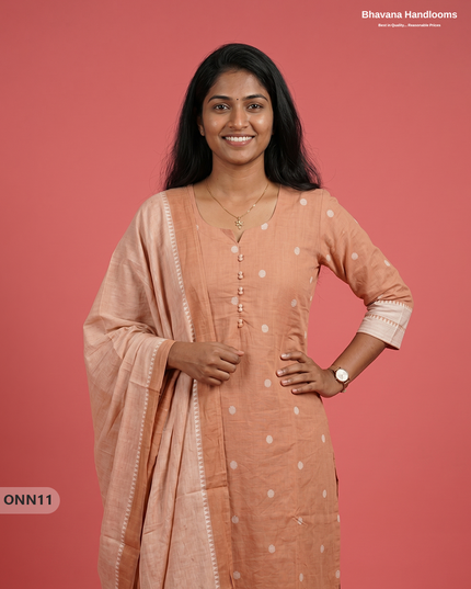Mangalagiri Cotton 3PC Set with Full-Length Lining & Elastic Pocket Bottom – Pale Peach