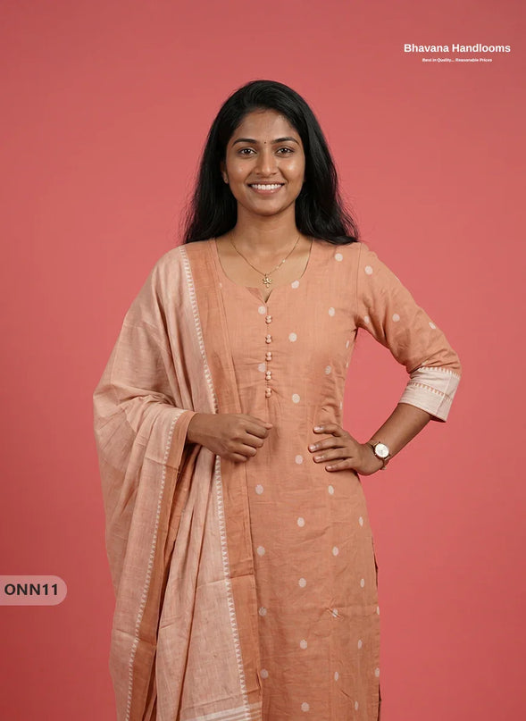 Mangalagiri Cotton 3PC Set with Full-Length Lining & Elastic Pocket Bottom – Pale Peach