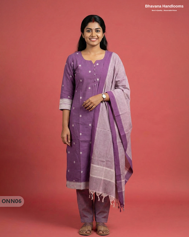 Mangalagiri Cotton 3PC Set with Full-Length Lining & Elastic Pocket Bottom – Indian Purple