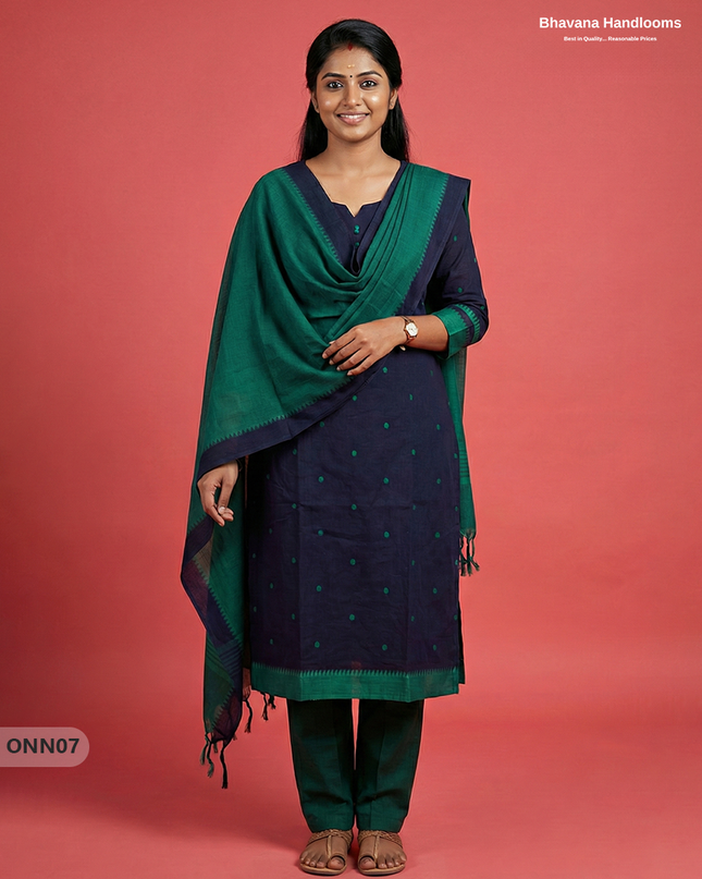 Mangalagiri Cotton 3PC Set with Full-Length Lining & Elastic Pocket Bottom – Indian Cyan Blue
