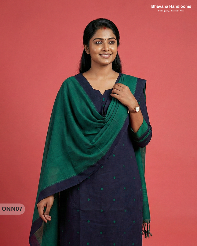 Mangalagiri Cotton 3PC Set with Full-Length Lining & Elastic Pocket Bottom – Indian Cyan Blue